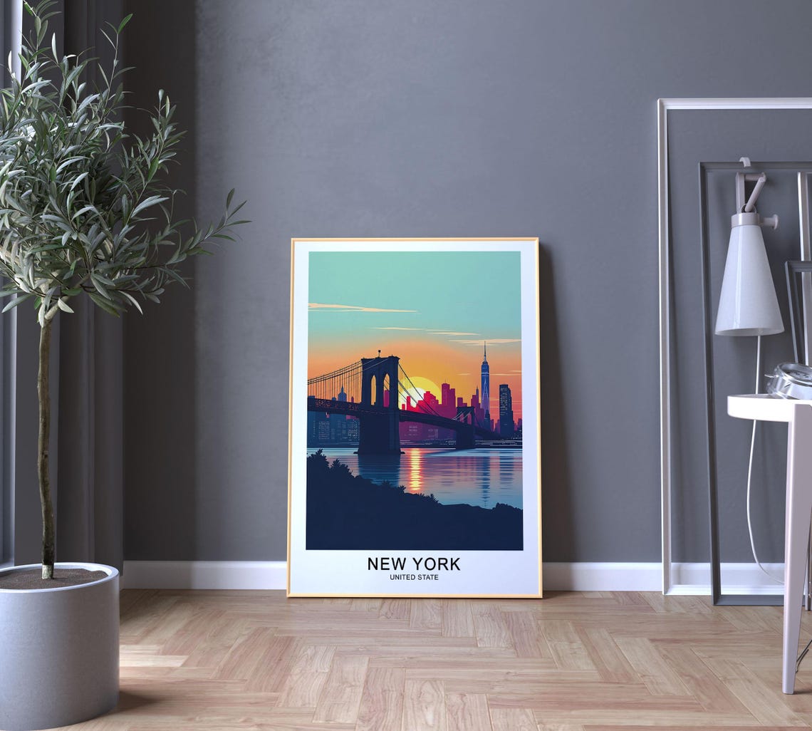 New York Brooklyn Bridge Sunset Skyline Night Lights Travel Poster - Image 5