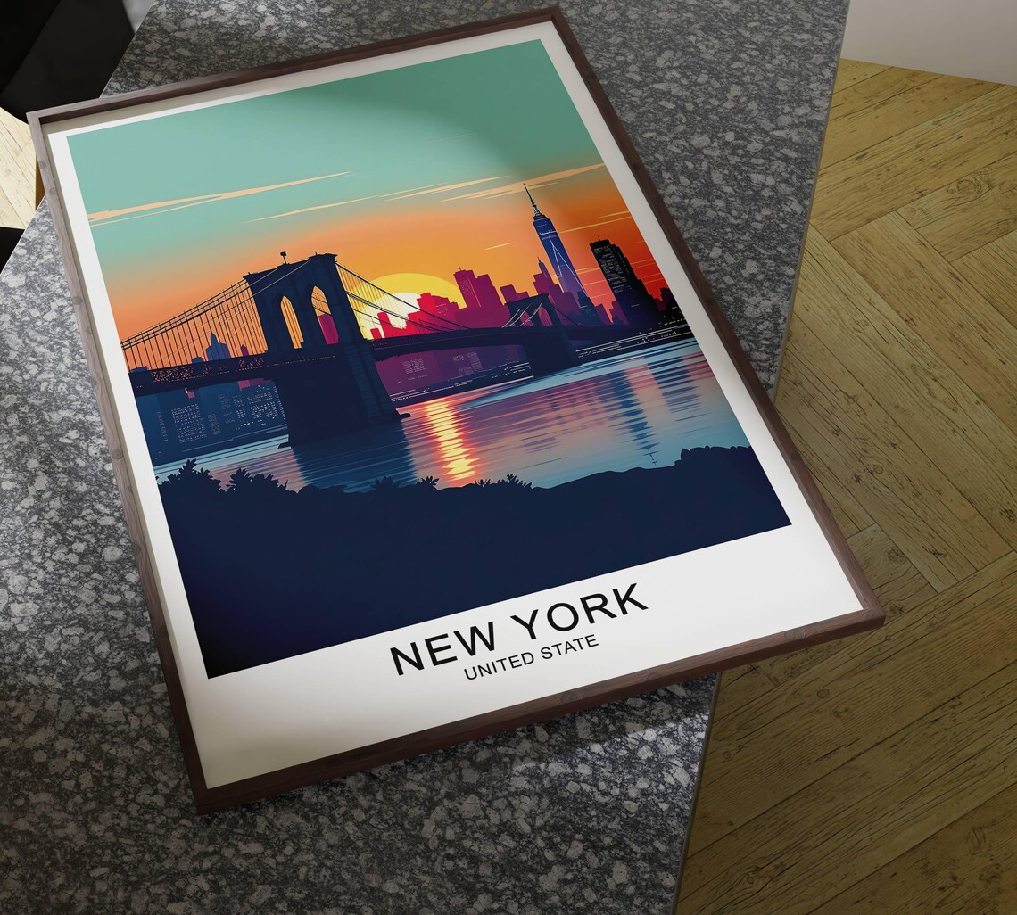 New York Brooklyn Bridge Sunset Skyline Night Lights Travel Poster - Image 4