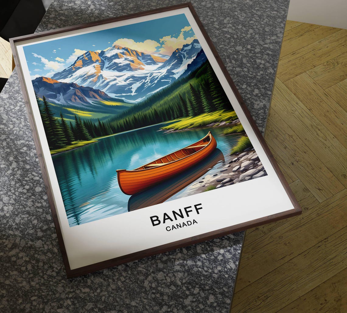 Banff Canada Red Canoe Turquoise Lake Snowy Rocky Mountain Poster - Image 4