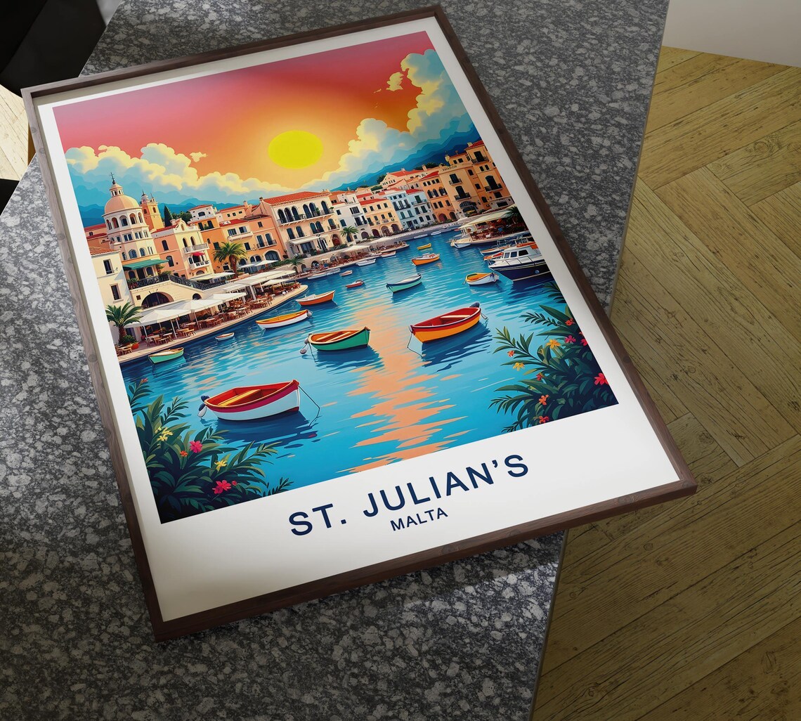 St Julians Malta Harbor Sunset Colorful Boats Waterfront Marina View Poster - Image 4