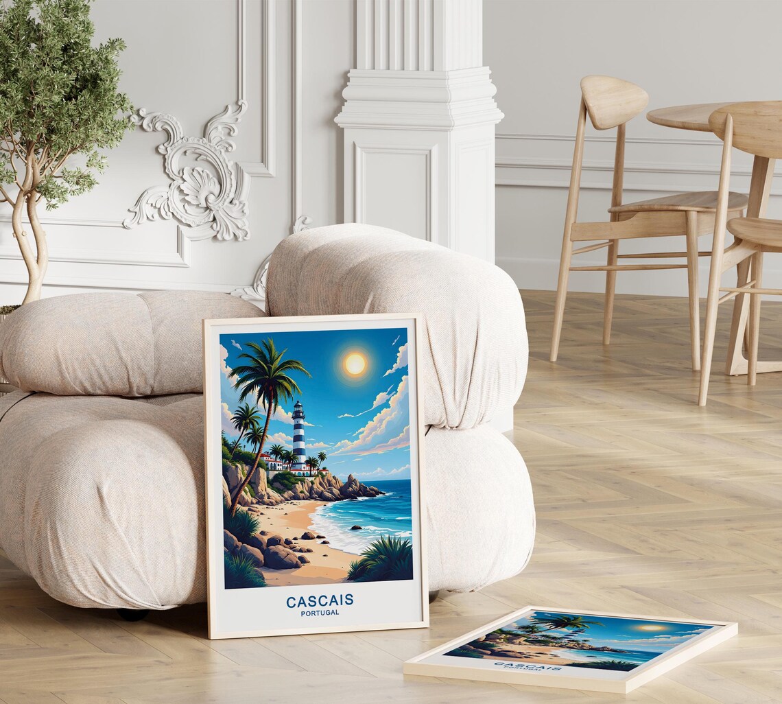 Cascais Portugal Lighthouse Rocky Beach Palm Trees Ocean Sunset View Poster - Image 3