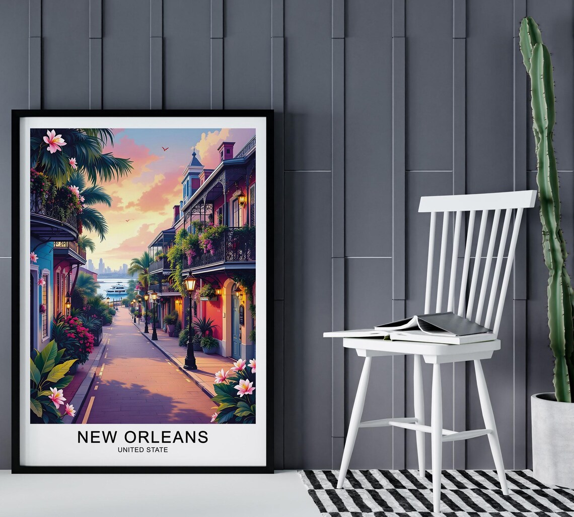 New Orleans French Quarter Balcony Palm Sunset Street Travel Poster - Image 2