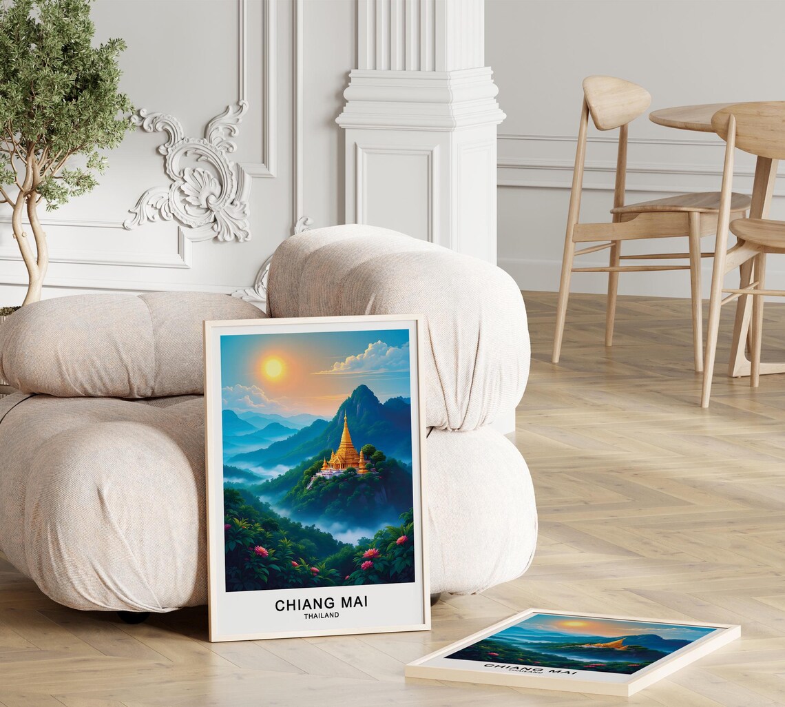 Chiang Mai Thailand Golden Mountain Temple Misty Sunrise Poster - Image 3