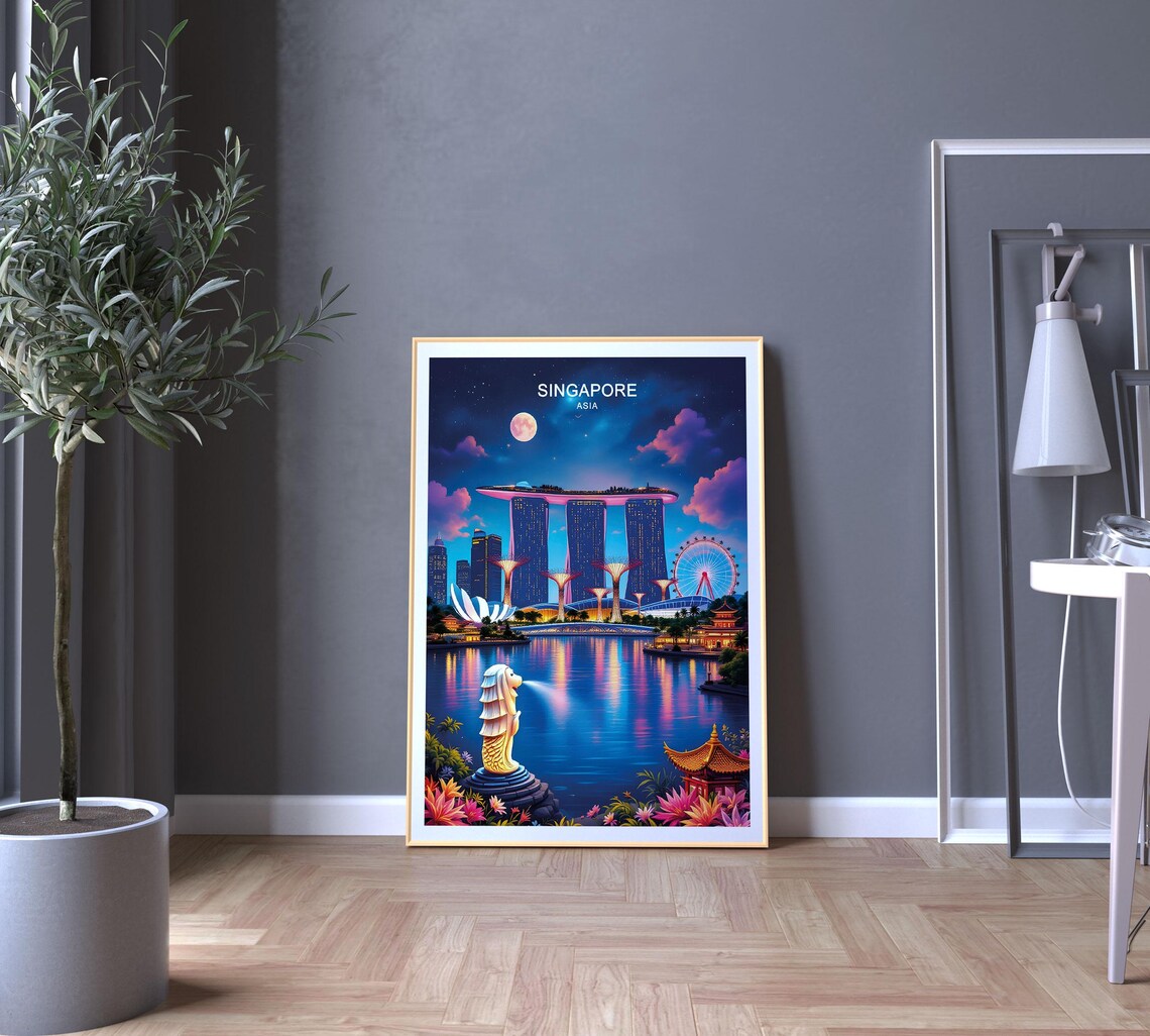 Singapore Marina Bay Sands Merlion Night Skyline Moon Water Reflections Travel Poster - Image 5