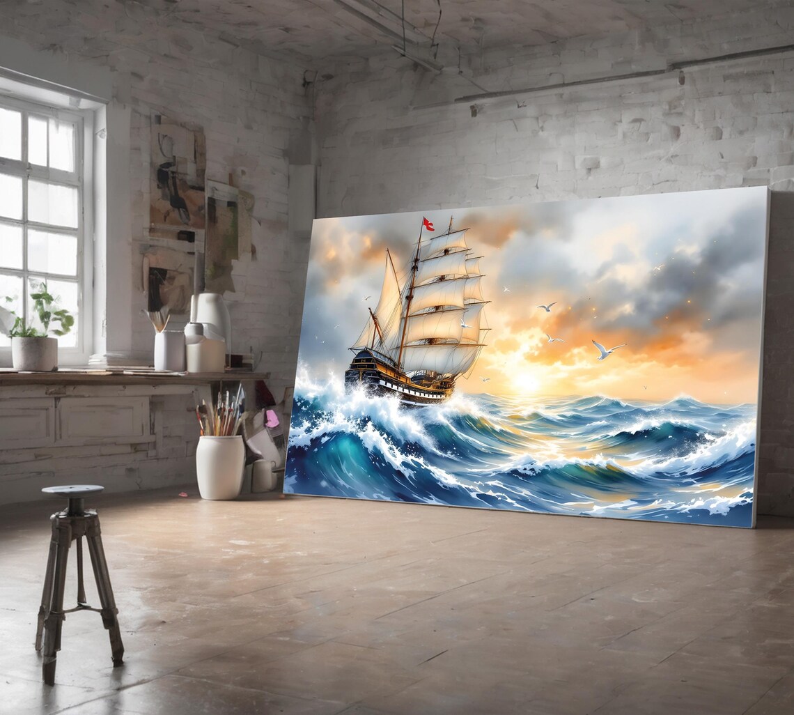 Tall Ship Stormy Sunset Ocean Waves Sailing Vessel Wall Art Print - Image 5