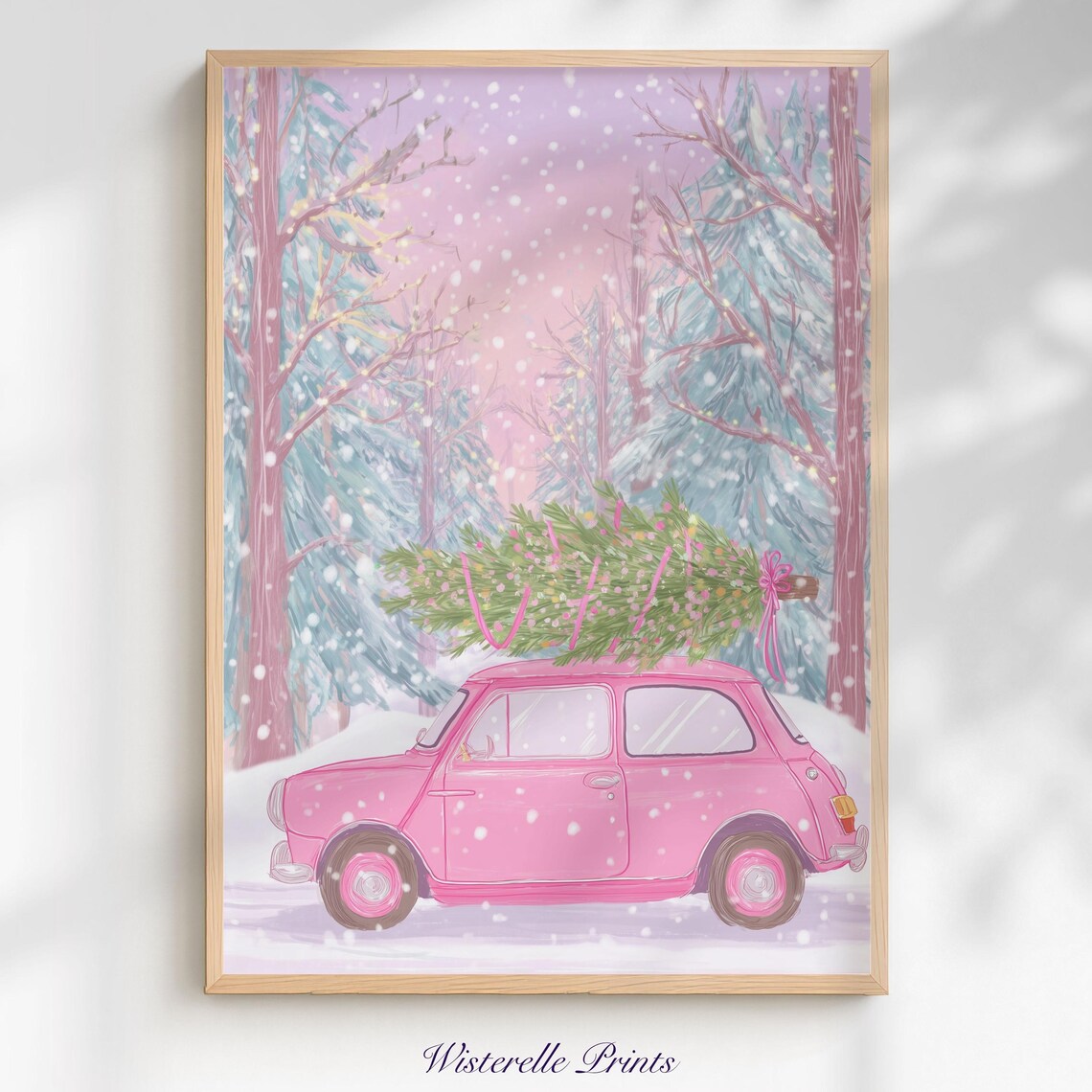 Pink Christmas Car Art Print, Cute Dorm Decor