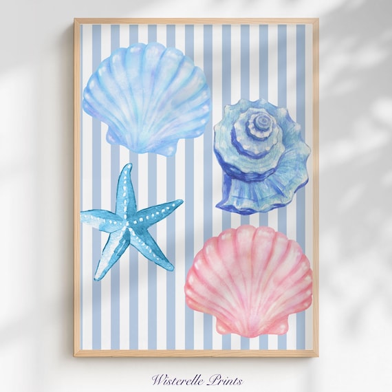 Blue Pink Watercolor Seashells Starfish Striped Coastal Wall Art