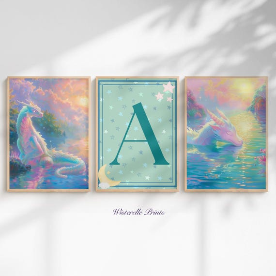 Dragon Nursery Wall Art Set Alphabet Prints Az Boys Fantasy Decor