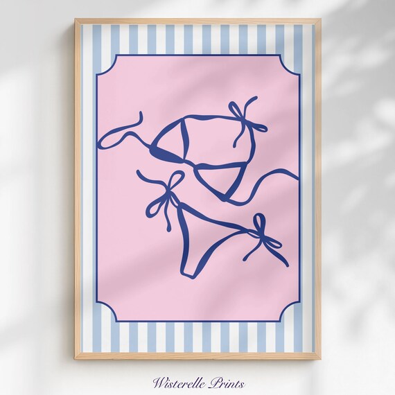 Bikini Swimsuit Line Art Pink Striped Coastal Summer Beach Poster