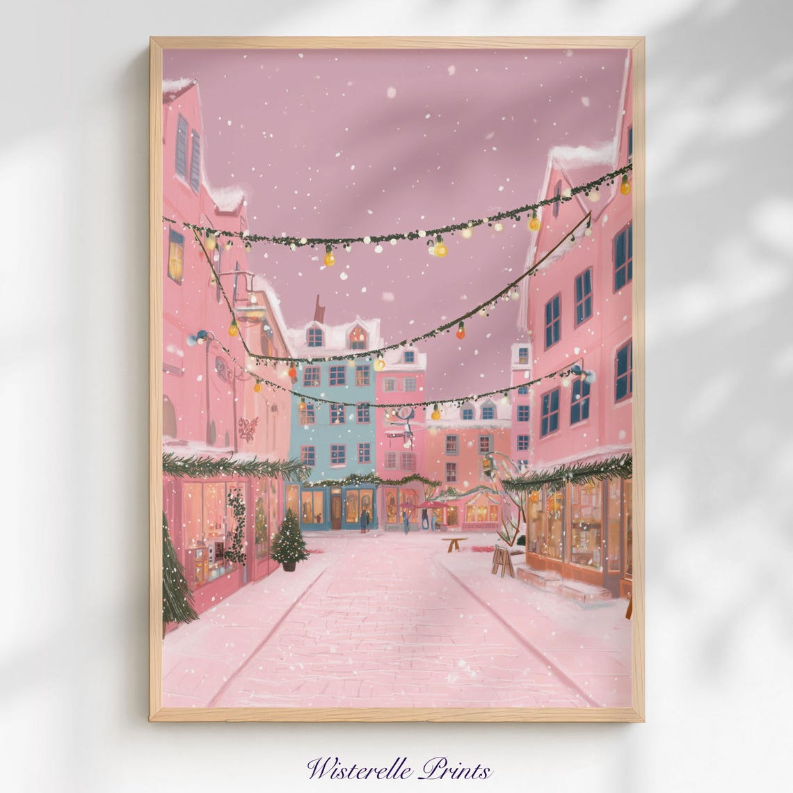 Pink Christmas Street Snowy Shops Festive Lights Winter Town Poster