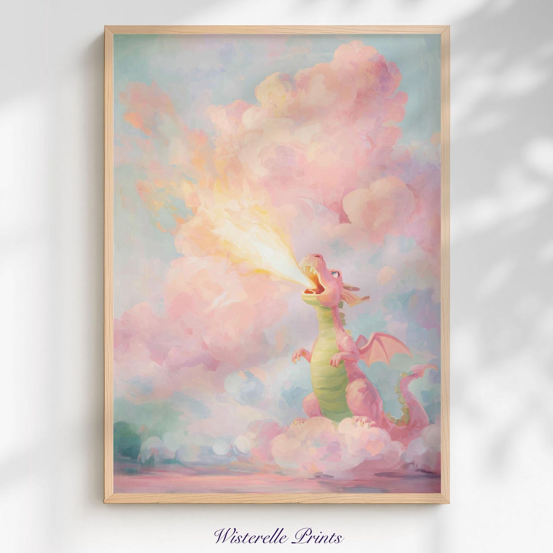 Pink Fire Breathing Dragon Wall Art Print Pastel Whimsical Storybook Kids Room Decor