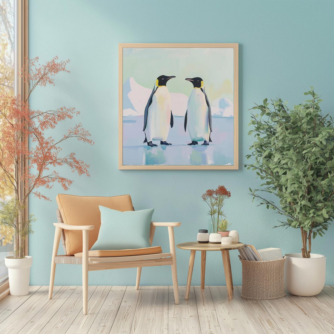 Penguin Pair Pastel Arctic Ice Playful Wildlife Art Wall Poster