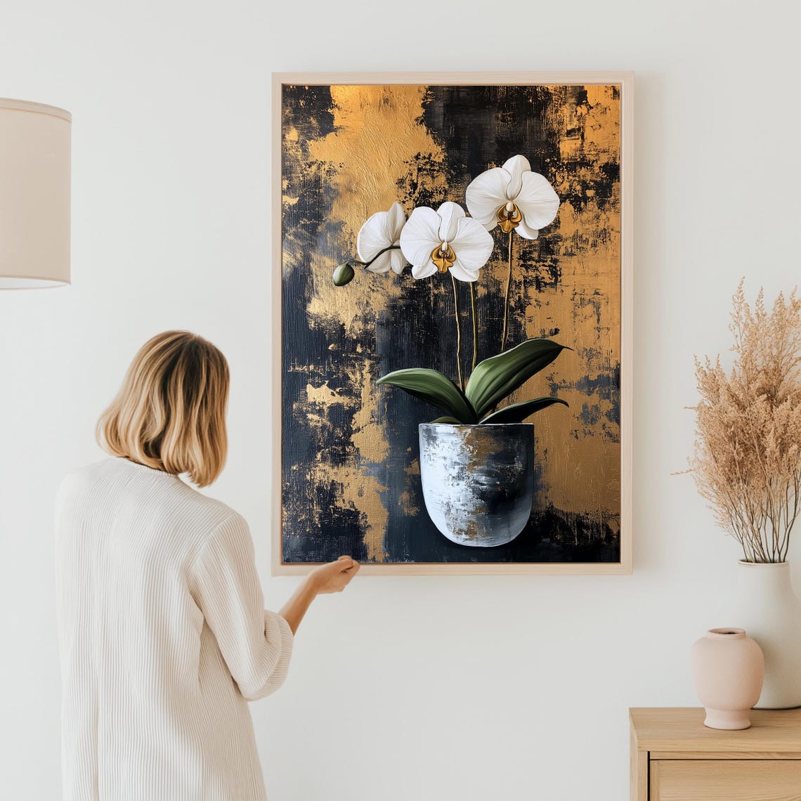 White Orchid Black Gold Abstract Background Elegant Floral Poster