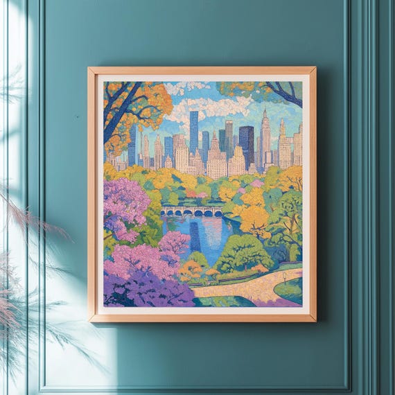 Colorful New York City Wall Art Central Park Skyline Print Spring In Nyc Illustration Urban Landscape Decor