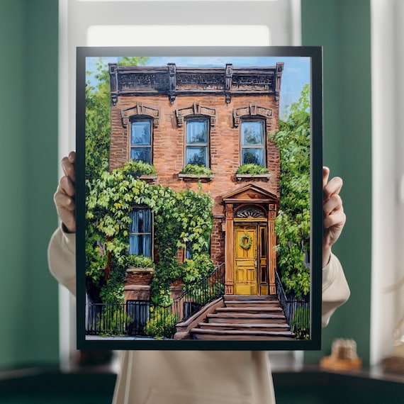 Brick Brownstone Townhouse Ivy Covered Yellow Door Stoop Poster
