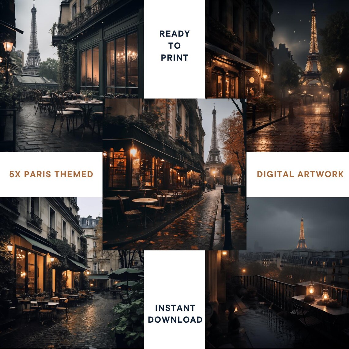 Set Of 5 Paris Artworks Eiffel Tower Cafe Street Scenes Poster