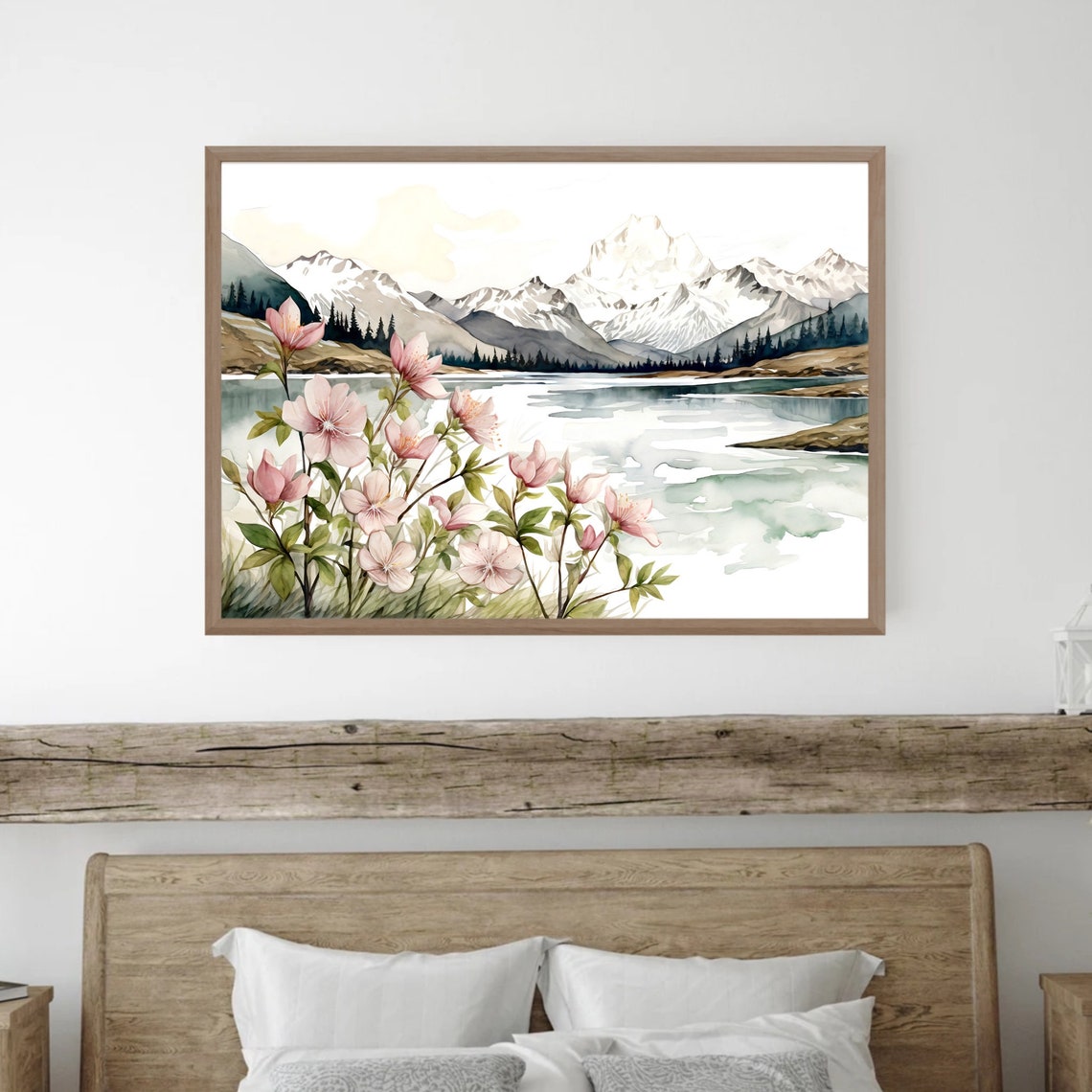Snowy Mountain Lake Pink Wildflowers Watercolor Landscape Poster - Image 4
