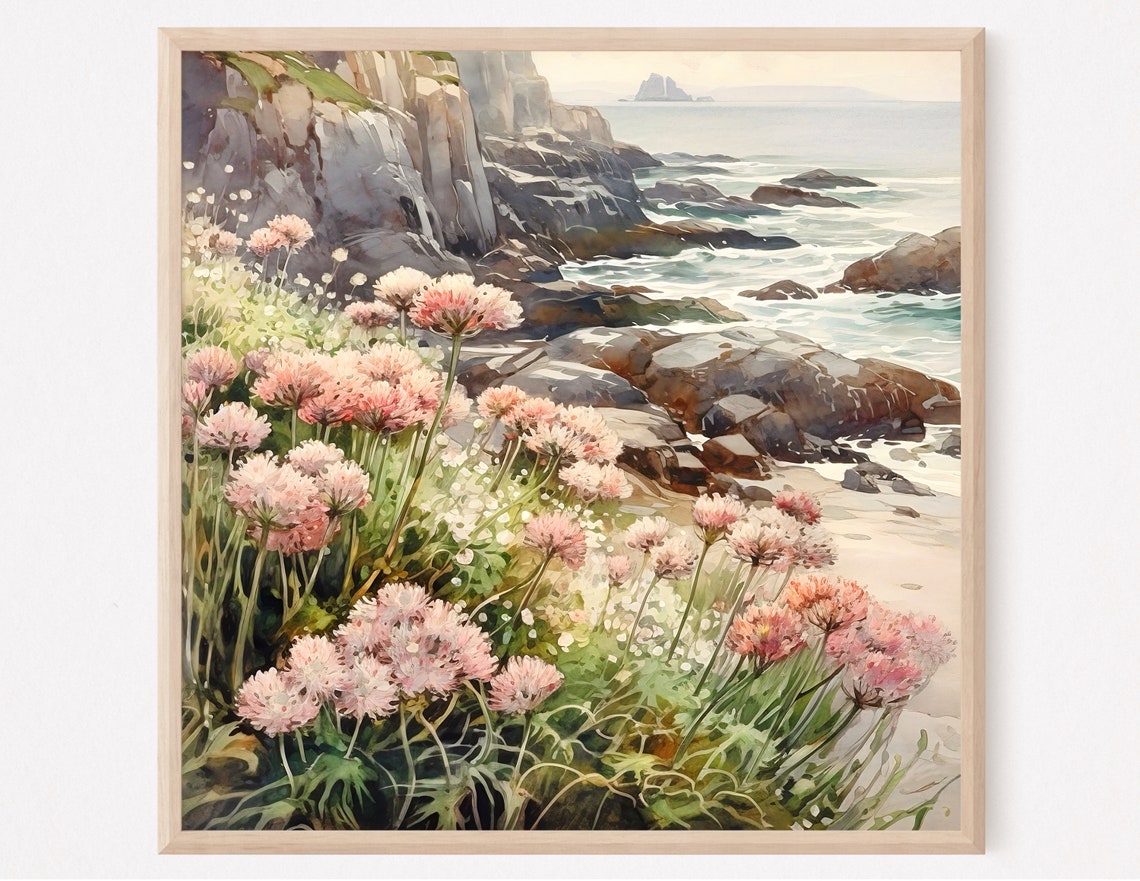 Pink Coastal Wildflowers Rocky Cliffs Ocean Watercolor Wall Art