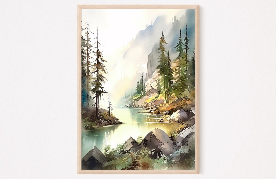 Calm Alpine Lake Pine Trees Misty Peaks Sunrise Watercolor Poster - Image 3