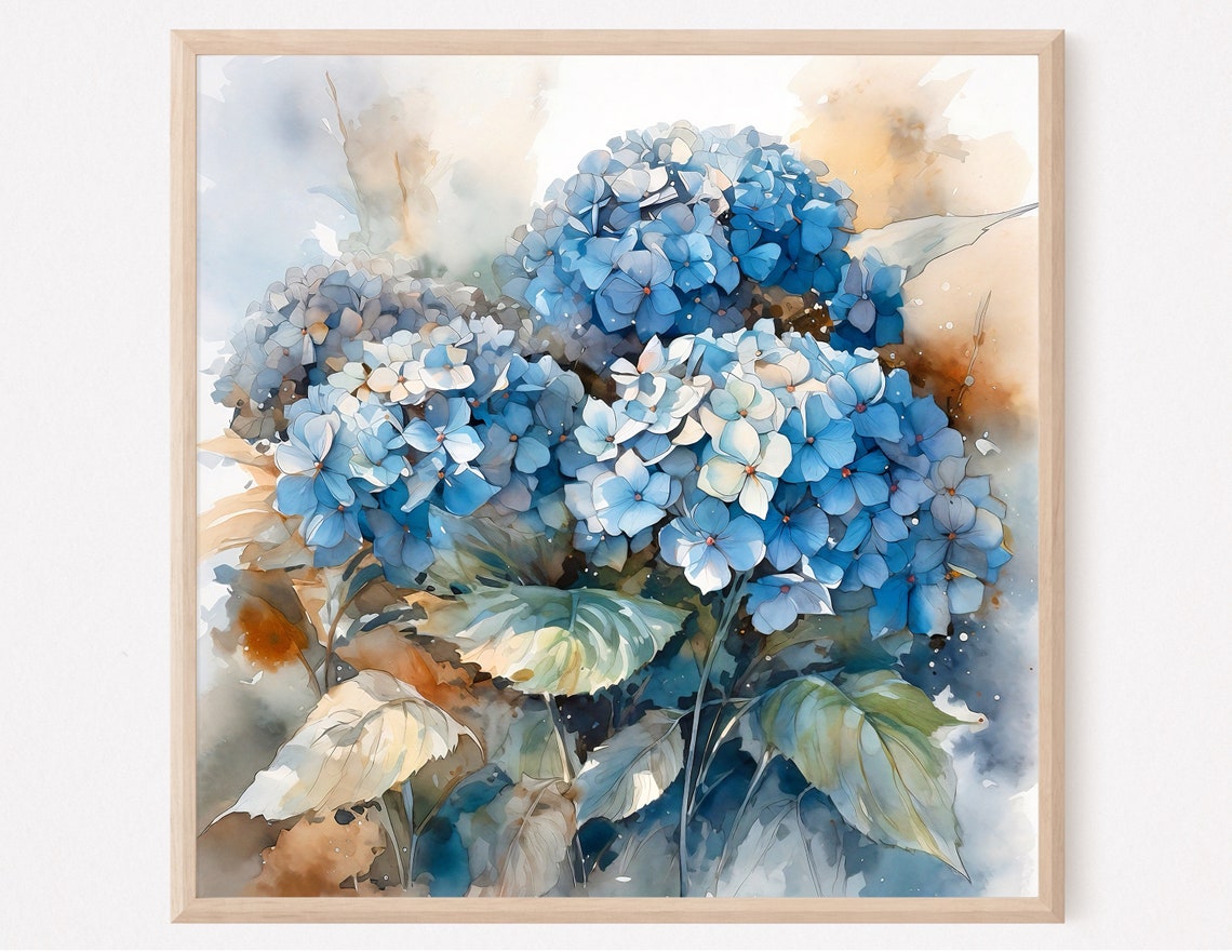 Vivid Blue Hydrangea Blossoms Cluster Soft Watercolor Floral Poster