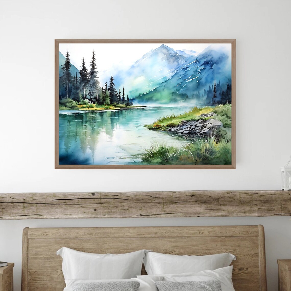 Misty Mountain Lake Blue Peaks Pine Shoreline Watercolor Wall Art - Image 3