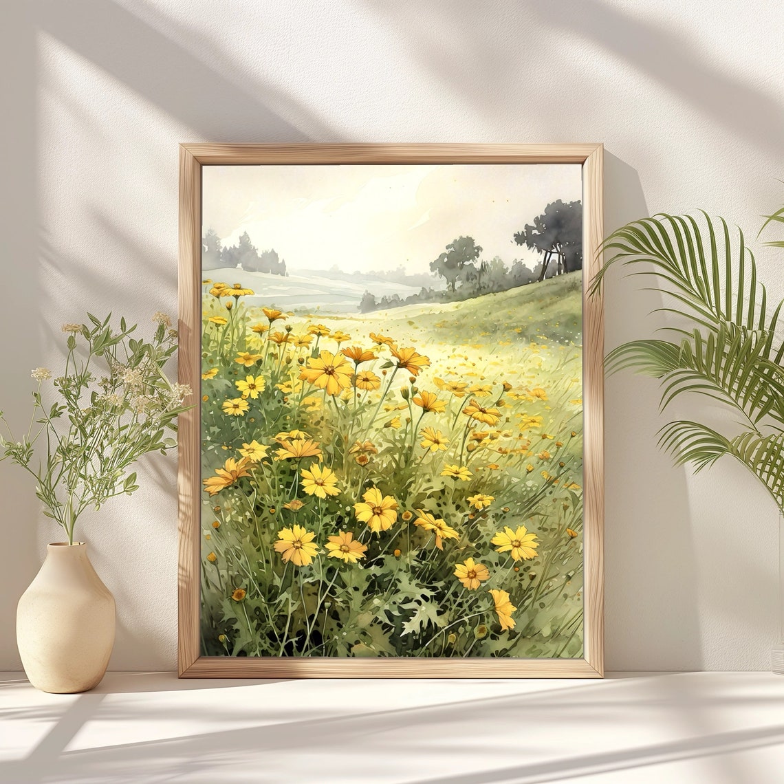 Yellow Wildflower Field Sunlit Meadow Watercolor Floral Art Poster - Image 2