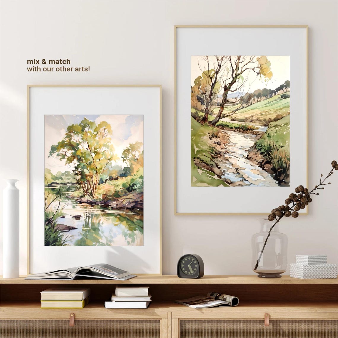 Riverside Tree Reflection Summer Stream Watercolor Art Poster - Image 2