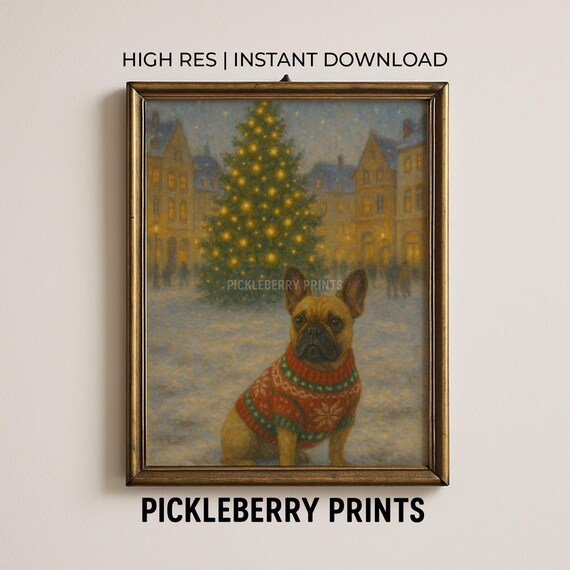 Cute French Bulldog In Festive Sweater By Christmas Tree Print Wall Art Instant Holiday Home Decor