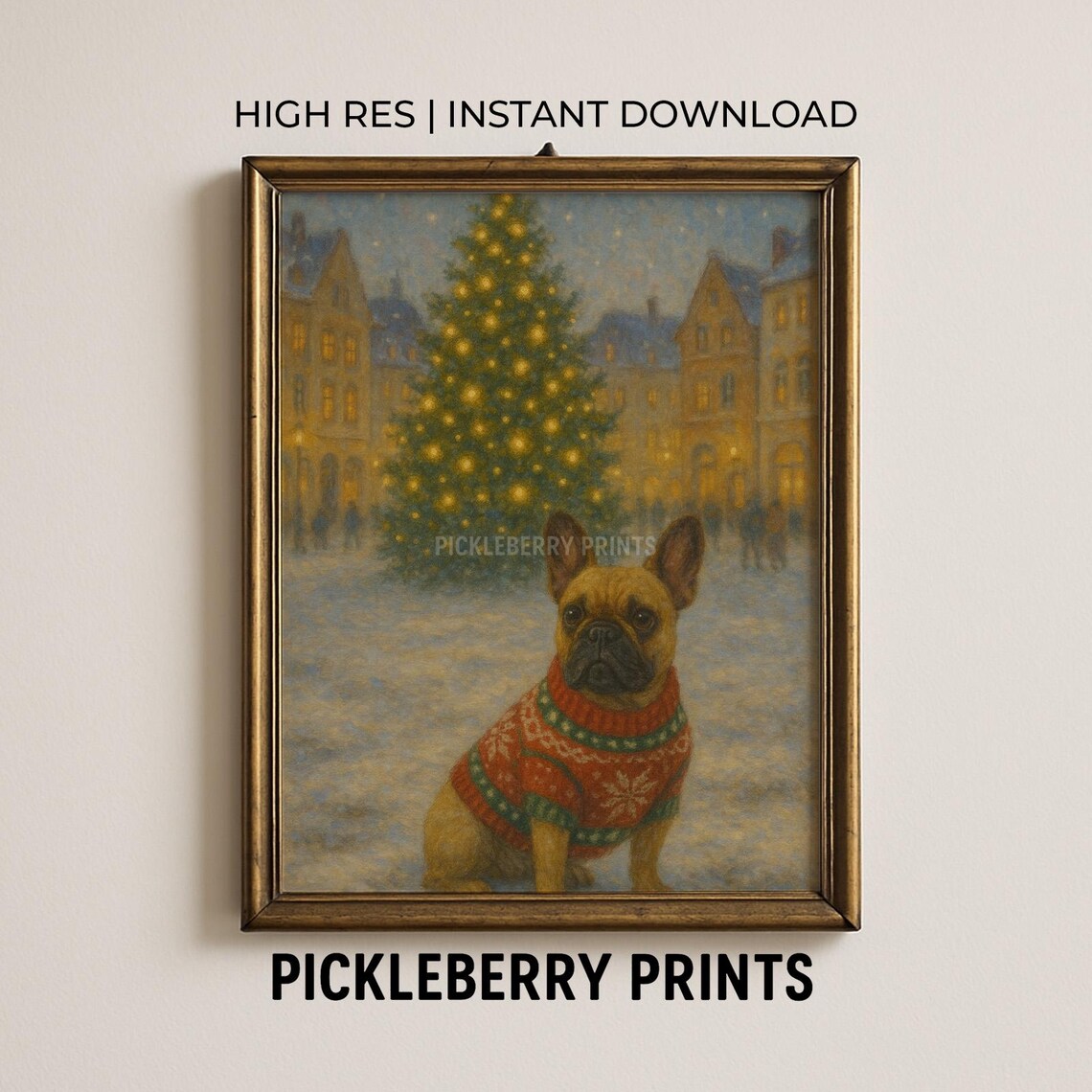 French Bulldog In Christmas Sweater By Village Tree Vintage Poster