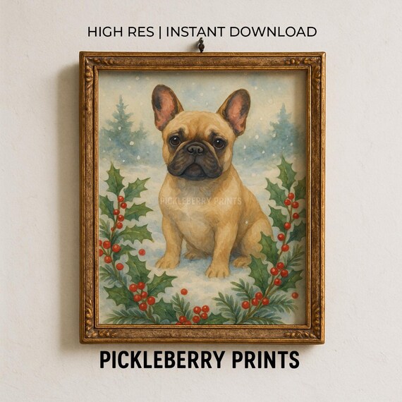 French Bulldog Winter Holly Watercolor Christmas Puppy Art Poster