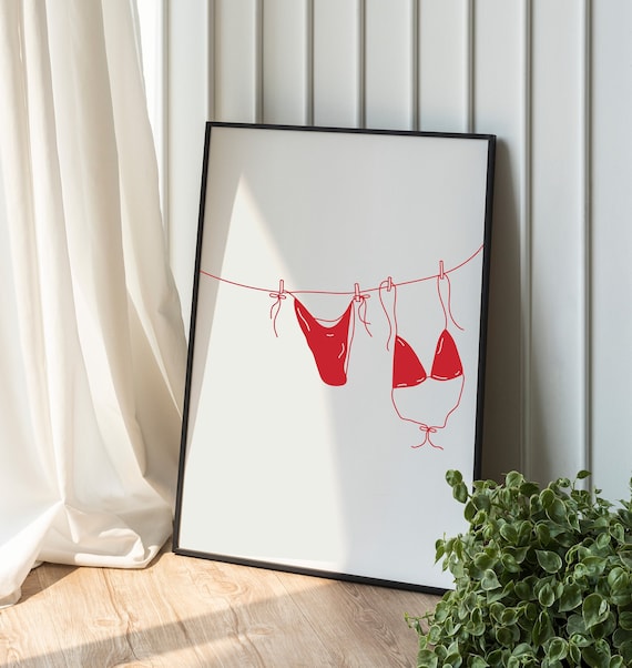 Minimalist Red Bikini On A Clothesline Coastal Line Art Print
