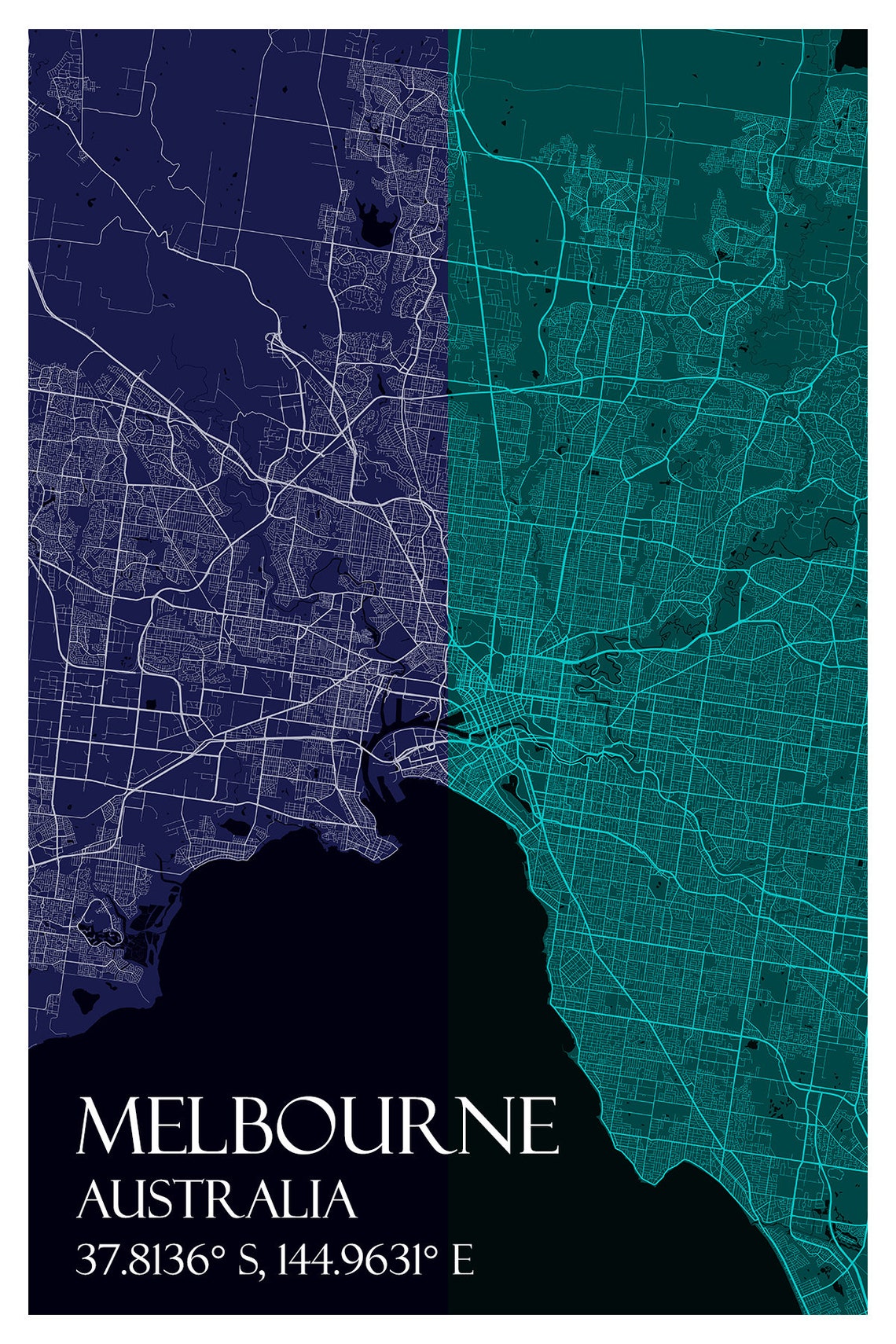 Melbourne Australia City Map Navy Teal Split Style Map Art Poster - Image 3