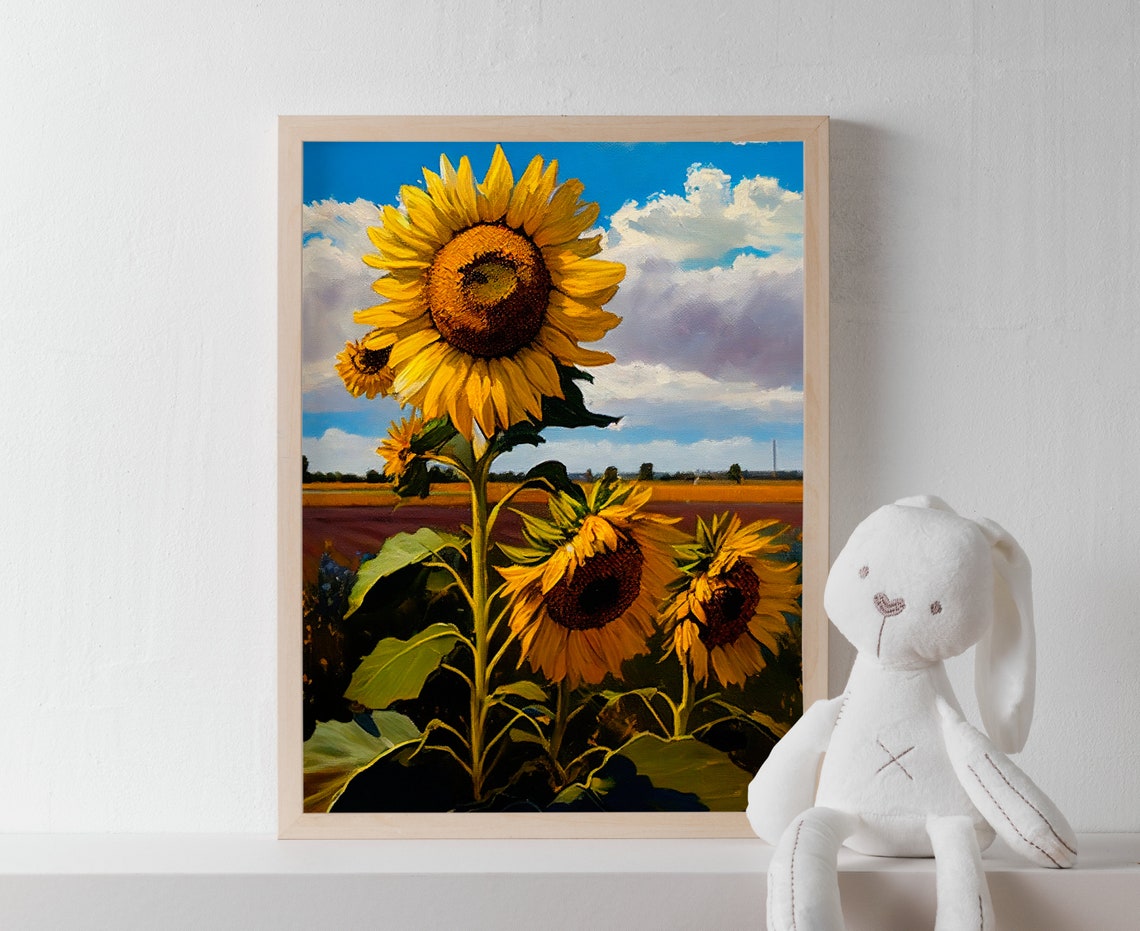 Bold Sunflowers Under Blue Cloudy Sky Classic Floral Art Poster