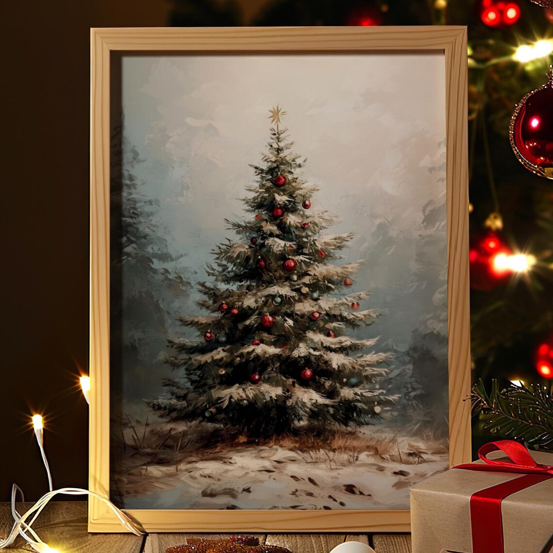 Vintage Christmas Tree Snowy Winter Wonderland Holiday Art Poster