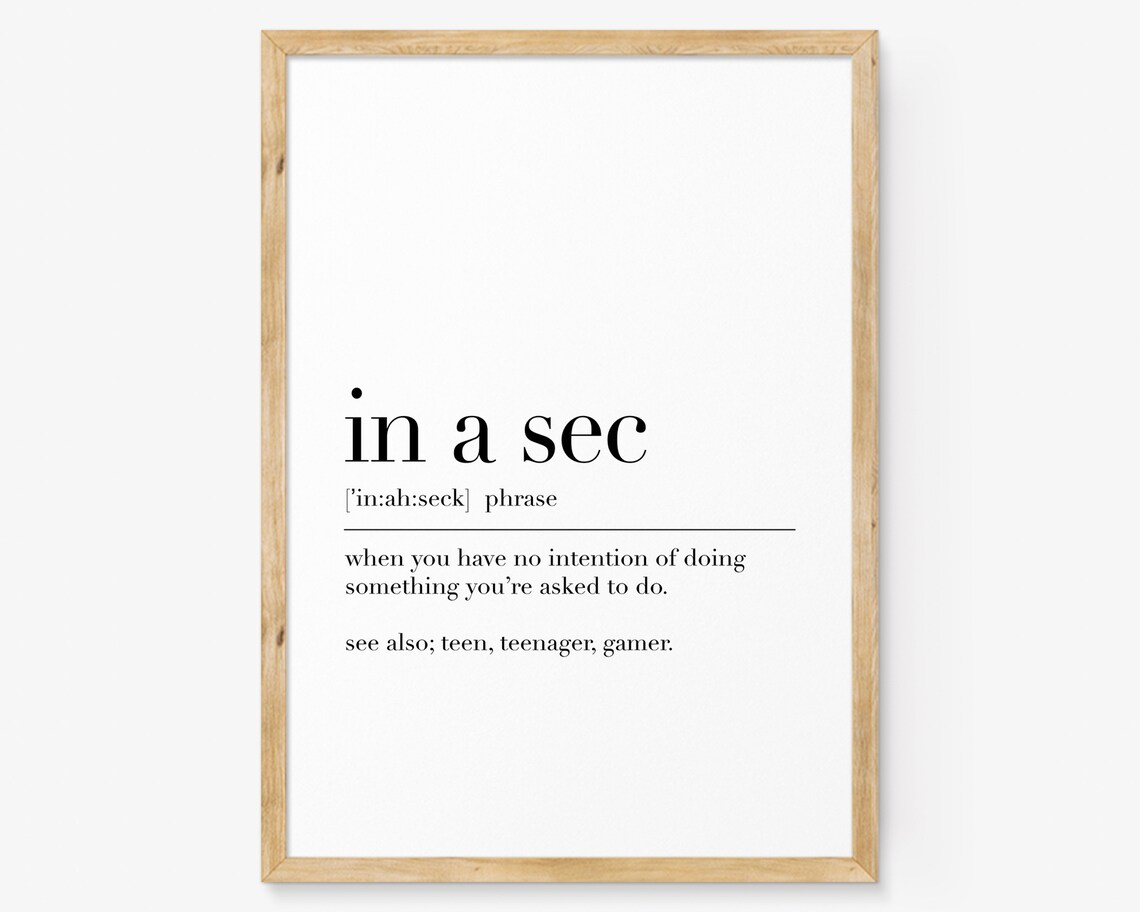 In A Sec Funny Definition Poster for Teen Bedroom and Gamer Wall Decor