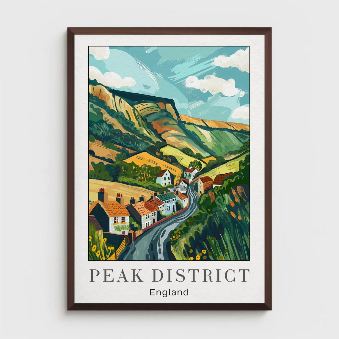 Peak District England Travel Poster Village Road Rolling Hills Scenery