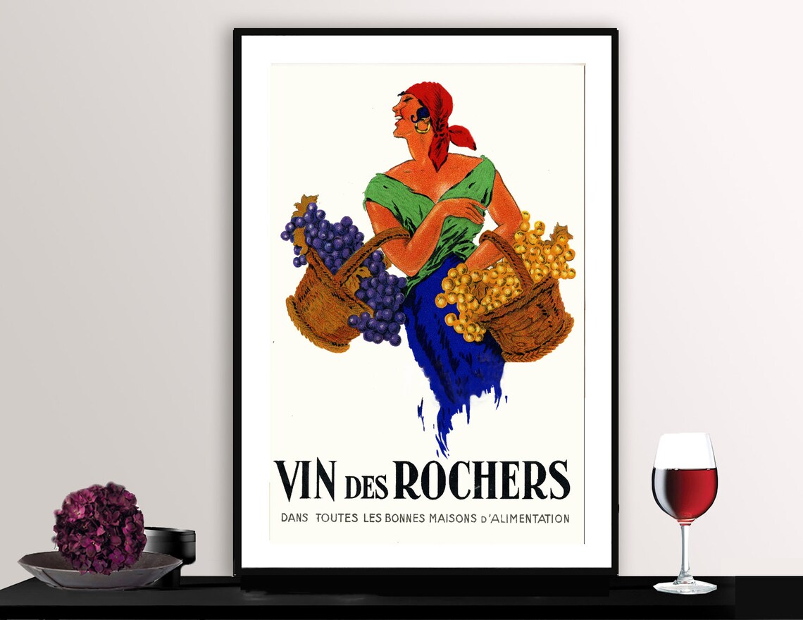 Vin Des Rochers French Vintage Wine Poster Woman Grape Harvest Art