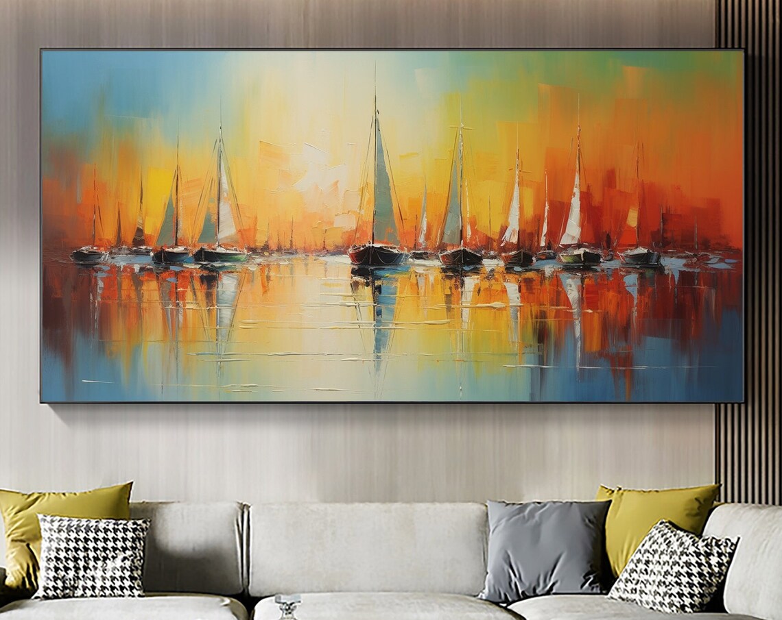 Sailboats at Sunset on Orange Sky Water Reflection Oil Poster