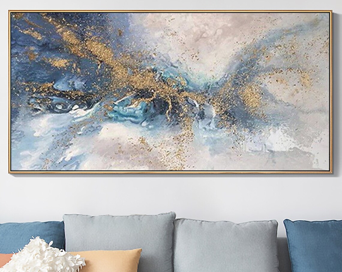 Gold Glitter Waves on Misty Blue Panoramic Oil Painting Art Print