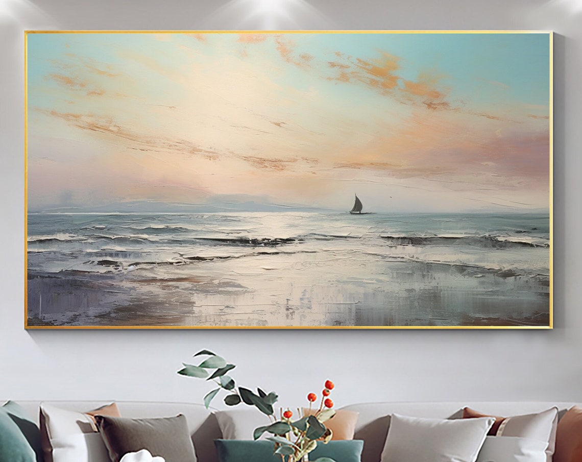 Minimalist Ocean Dawn with Lone Sailboat Calm Seascape Poster
