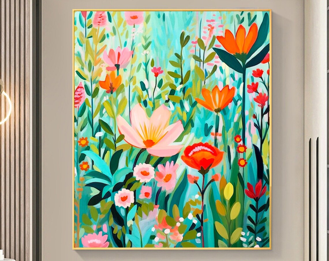Colorful Wildflower Meadow on Teal Abstract Oil Painting Art Print