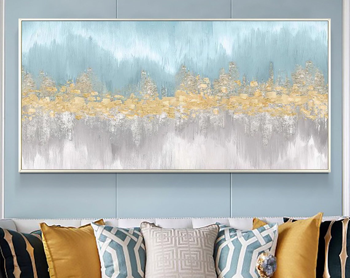 Gold Glitter Horizon Over Pale Blue Minimalist Oil Painting Art Print
