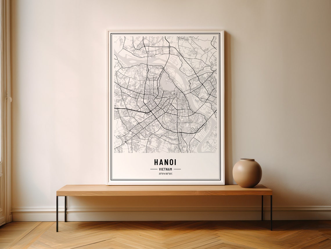 Hanoi Vietnam Modern Black and White Minimalist City Map Poster - Image 4