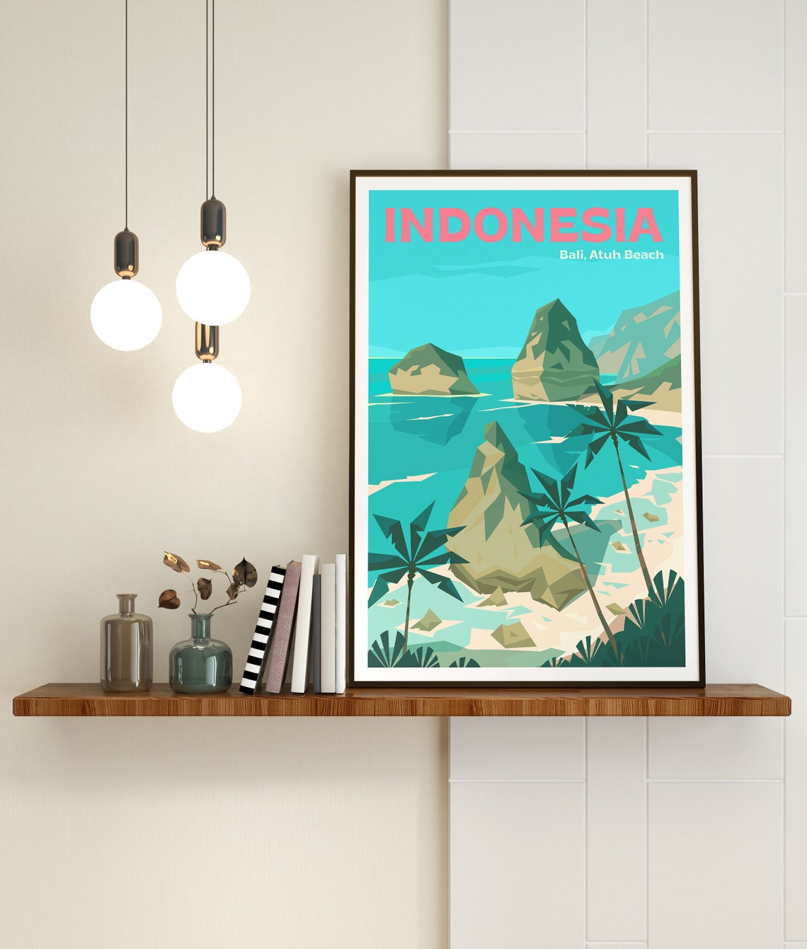Indonesia Bali Atuh Beach Tropical Sea Stacks Palm Trees Poster Art - Image 3