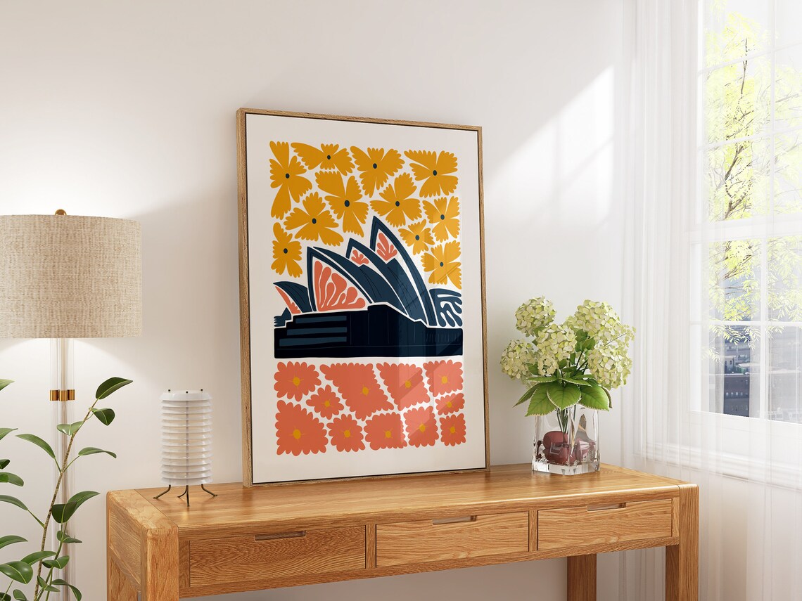 Sydney Opera House Australia Navy Floral Abstract Travel Art Poster - Image 4