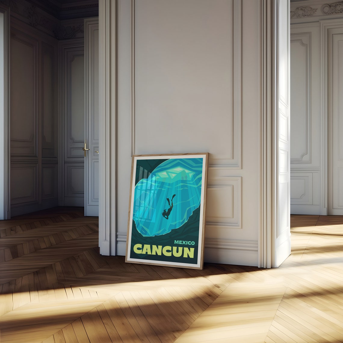 Cancun Mexico Cenote Diver Sunbeams Deep Underwater Art Poster - Image 2