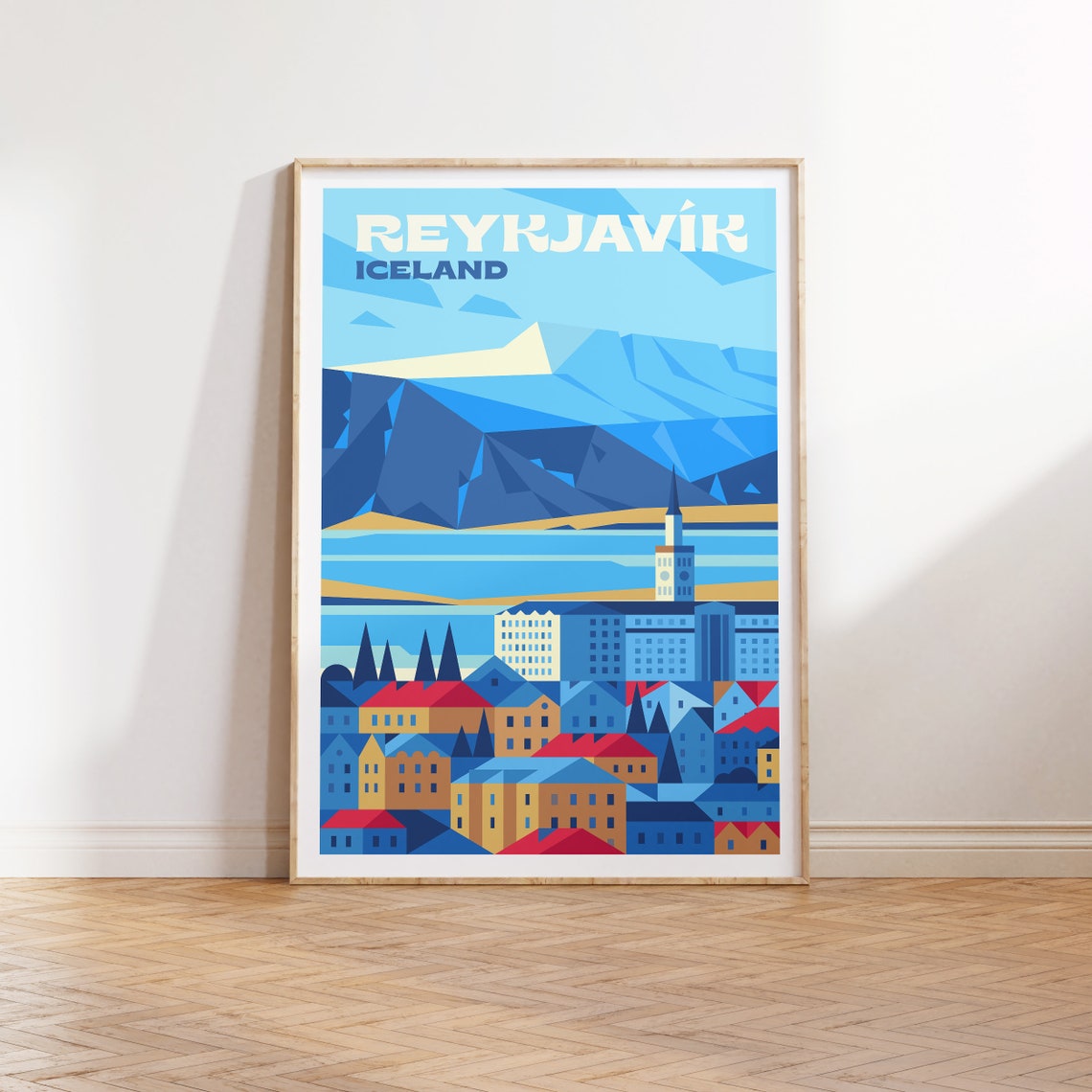 Reykjavik Iceland Retro Travel Poster Colorful Town Geometric Art