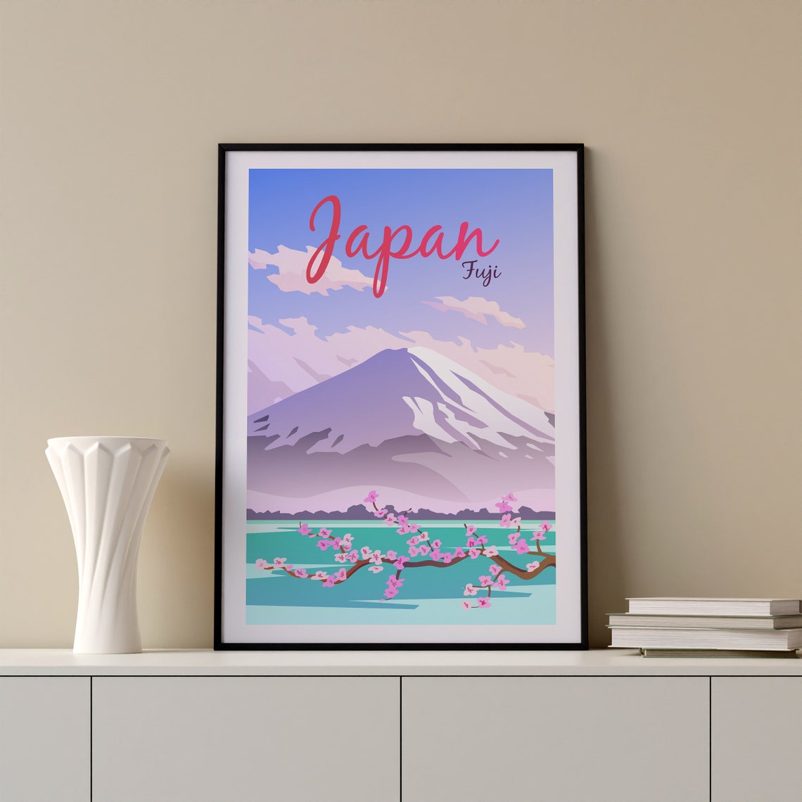 Japan Mount Fuji Cherry Blossom Spring Lake Landscape Travel Poster - Image 2