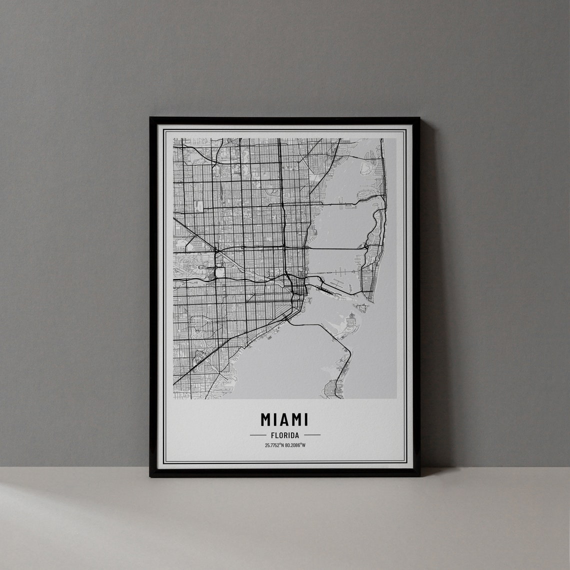 Miami Florida Modern Black and White Minimalist City Map Poster