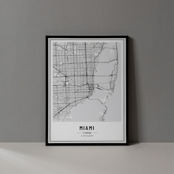 Miami Florida Modern Black and White Minimalist City Map Poster